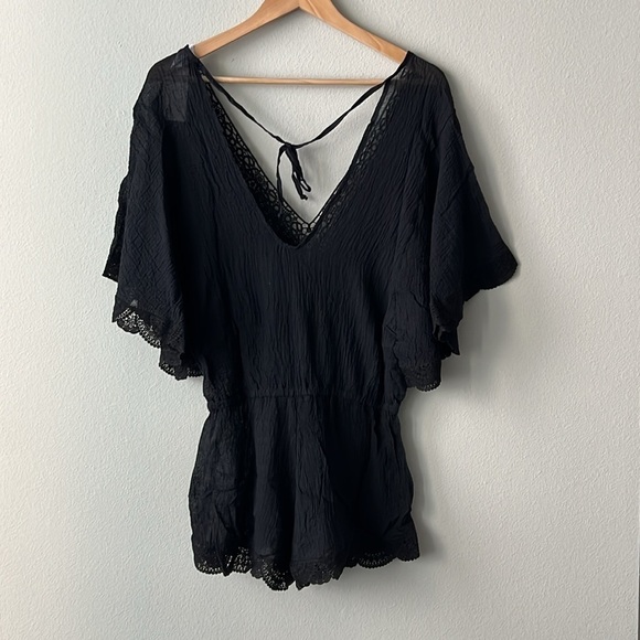 Eberjey Sol Lace Trim Liberty Romper 100% Cotton Swim Coverup in Black Size S/M - Picture 5 of 6